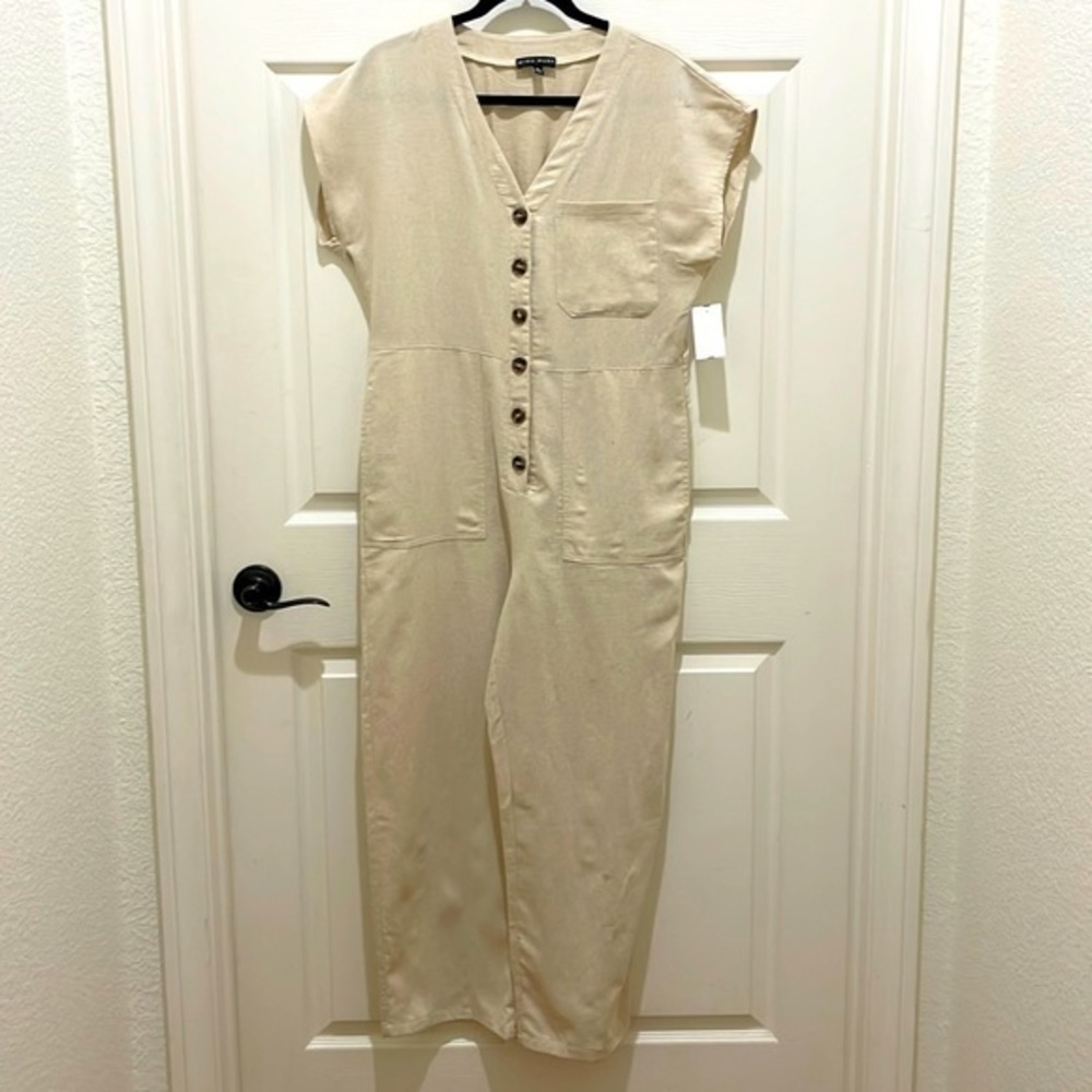 NWT- Miou Muse Tan Linen Blend Short Sleeve Button Down Jumpsuit